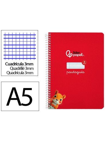 Cuaderno espiral liderpapel di n a5 pautaguia tapa dura 80h 90 gr cuadro pautado 3mm color rojo