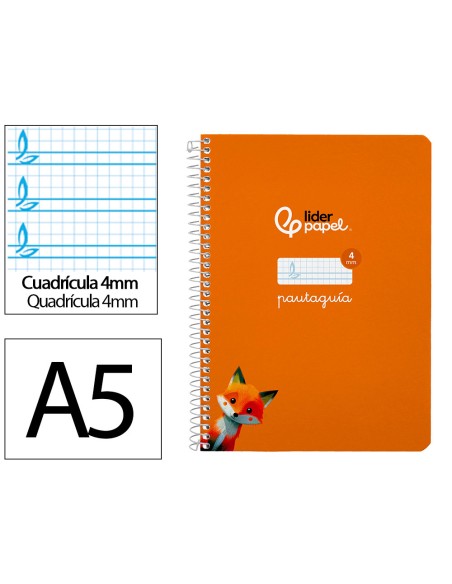 Cuaderno espiral liderpapel di n a5 pautaguia tapa blanda 40h 75 gr cuadro pautado 4mm color naranja