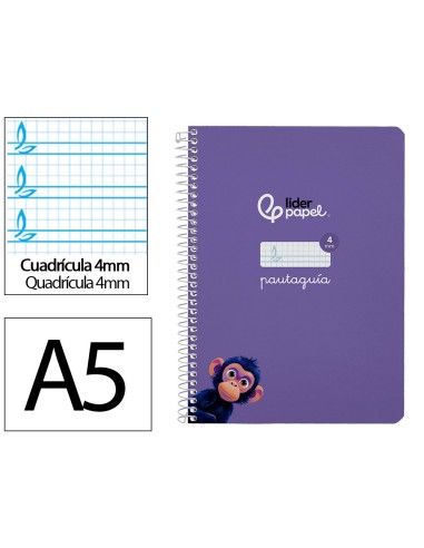 Cuaderno espiral liderpapel di n a5 pautaguia tapa blanda 40h 75 gr cuadro pautado 4mm color lila