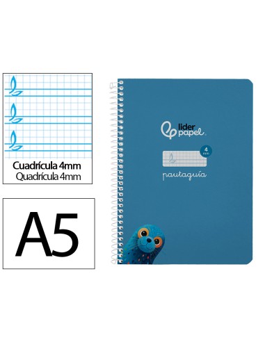 Cuaderno espiral liderpapel di n a5 pautaguia tapa blanda 40h 75 gr cuadro pautado 4mm color azul
