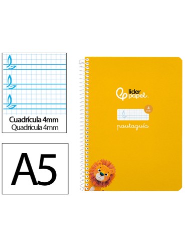 Cuaderno espiral liderpapel di n a5 pautaguia tapa blanda 40h 75 gr cuadro pautado 4mm color amarillo