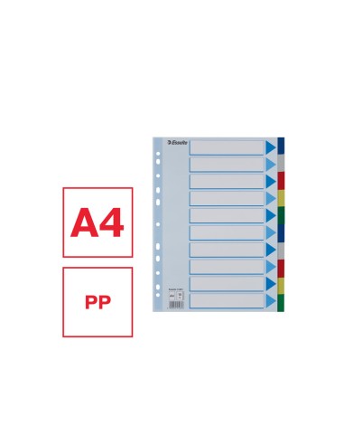 Separadores esselte din a4 polipropileno 10 posiciones multitaladro con cartulina indice color