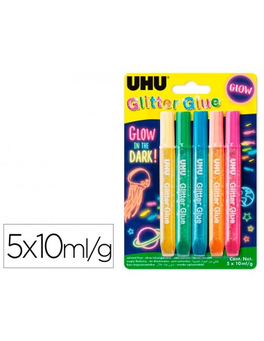 Purpurina pegamento uhu glitter glow lavable blister de 5 unidades 10 ml