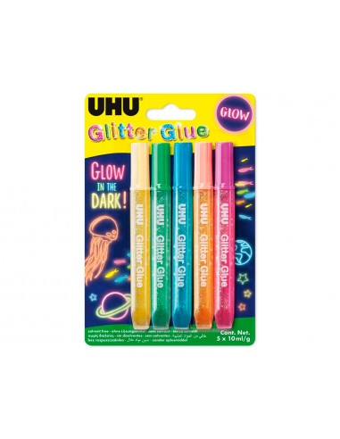 Purpurina pegamento uhu glitter glow lavable blister de 5 unidades 10 ml