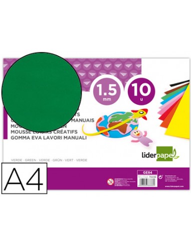 Goma eva liderpapel din a4 60g m2 espesor 15mm verde paquete de 10 hojas