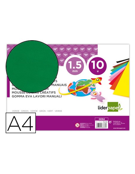 Goma eva liderpapel din a4 60g m2 espesor 15mm verde paquete de 10 hojas
