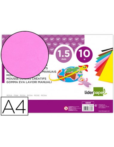 Goma eva liderpapel din a4 60g m2 espesor 15mm rosa paquete de 10 hojas