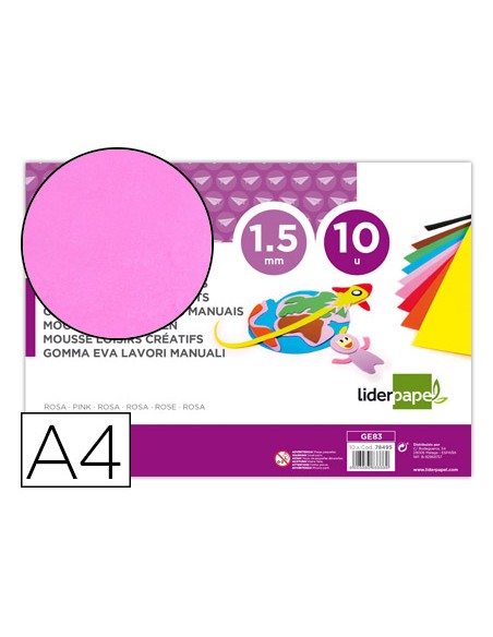 Goma eva liderpapel din a4 60g m2 espesor 15mm rosa paquete de 10 hojas