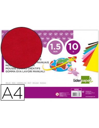 Goma eva liderpapel din a4 60g m2 espesor 15mm rojo paquete de 10 hojas