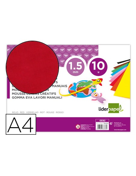 Goma eva liderpapel din a4 60g m2 espesor 15mm rojo paquete de 10 hojas