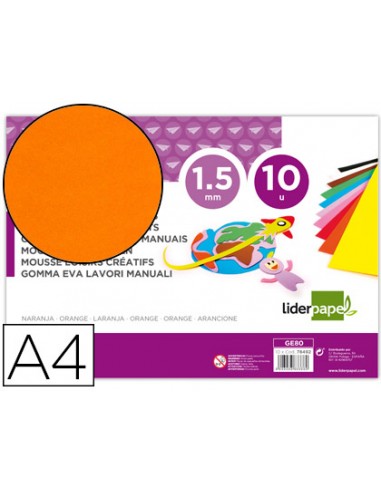 Goma eva liderpapel din a4 60g m2 espesor 15mm naranja paquete de 10 hojas