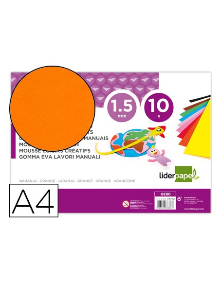 Goma eva liderpapel din a4 60g m2 espesor 15mm naranja paquete de 10 hojas