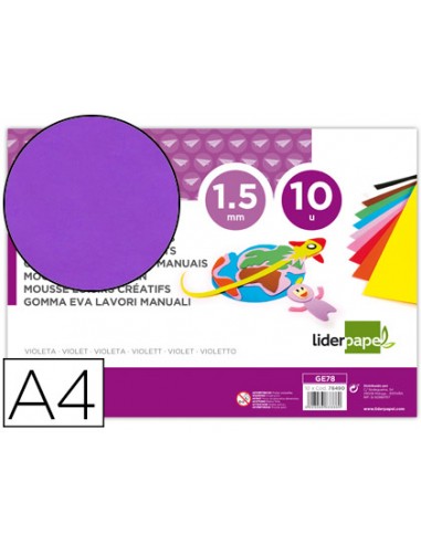 Goma eva liderpapel din a4 60g m2 espesor 15mm violeta paquete de 10 hojas