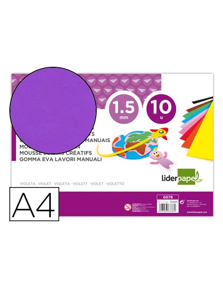Goma eva liderpapel din a4 60g m2 espesor 15mm violeta paquete de 10 hojas