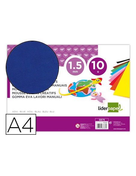 Goma eva liderpapel din a4 60g m2 espesor 15mm azul paquete de 10 hojas