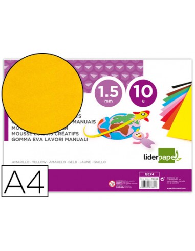 Goma eva liderpapel din a4 60g m2 espesor 15mm amarillo paquete de 10 hojas