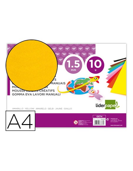 Goma eva liderpapel din a4 60g m2 espesor 15mm amarillo paquete de 10 hojas