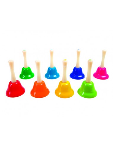Campanita pequena amaya de mano con mango tradicional escala diatonica set de 8 unidades colores surtidos