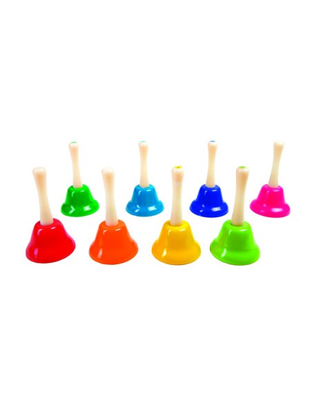 Campanita pequena amaya de mano con mango tradicional escala diatonica set de 8 unidades colores surtidos
