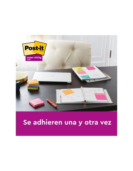Bloc de notas adhesivas quita y pon post it super sticky carnival 100 pefc 76x127 mm pack de 6 blocs colores