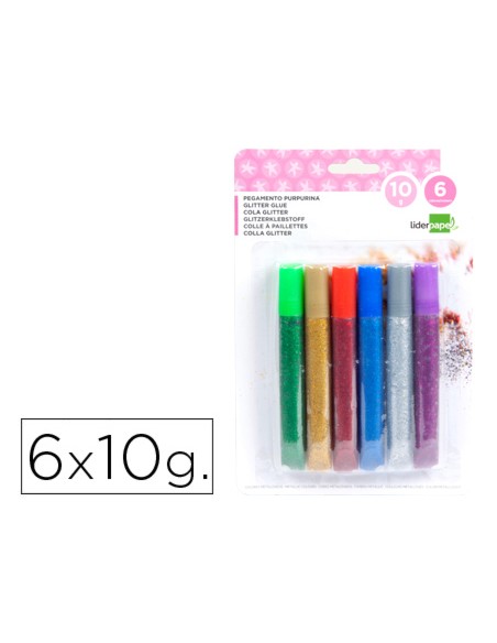 Purpurina pegamento liderpapel fantasia colores metalicos blister de 6 unidades de 10 gr