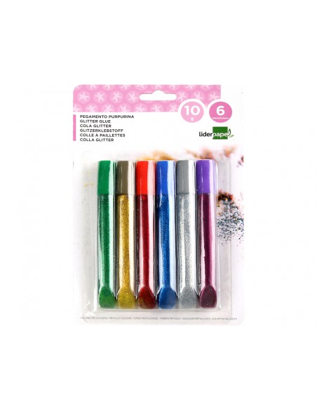 Purpurina pegamento liderpapel fantasia colores metalicos blister de 6 unidades de 10 gr