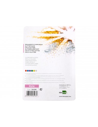 Purpurina pegamento liderpapel fantasia colores metalicos blister de 6 unidades de 10 gr
