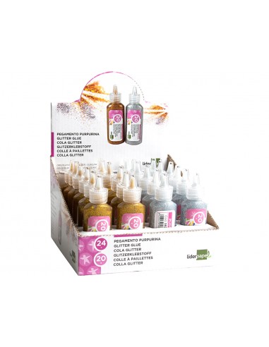 Purpurina pegamento liderpapel fantasia colores metalicos oro y plata bote de 20 gr