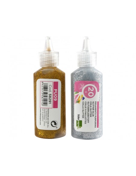 Purpurina pegamento liderpapel fantasia colores metalicos oro y plata bote de 20 gr
