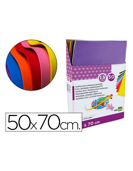 Goma eva liderpapel expositor de 50 planchasx10 colores surtidos 50x70 cm 15 mm espesor
