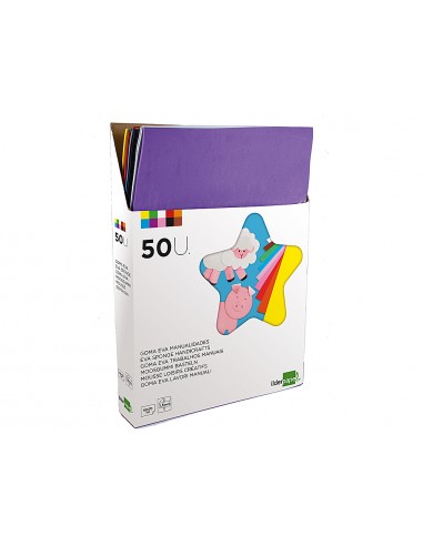 Goma eva liderpapel expositor de 50 planchasx10 colores surtidos 50x70 cm 15 mm espesor