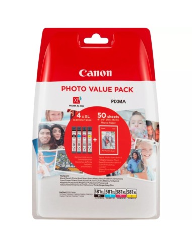 Canon CLI581XL Pack de 4 Cartuchos de Tinta Originales - 50 Hojas de Papel Fotografico - 2052C004/2052C006