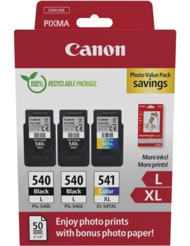 Canon PG540L Negro + CL541XL Color Pack de 3 Cartuchos de Tinta Originales + 50 Hojas de Papel Fotografico - 5224B015