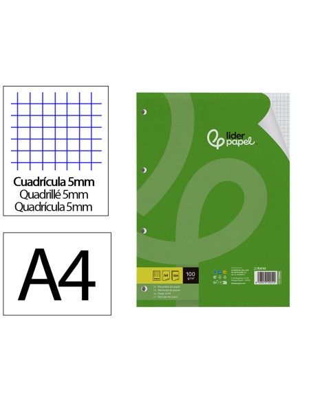Recambio liderpapel a4 100 hojas 100g m2 cuadro 5 mm con margen 4 taladros