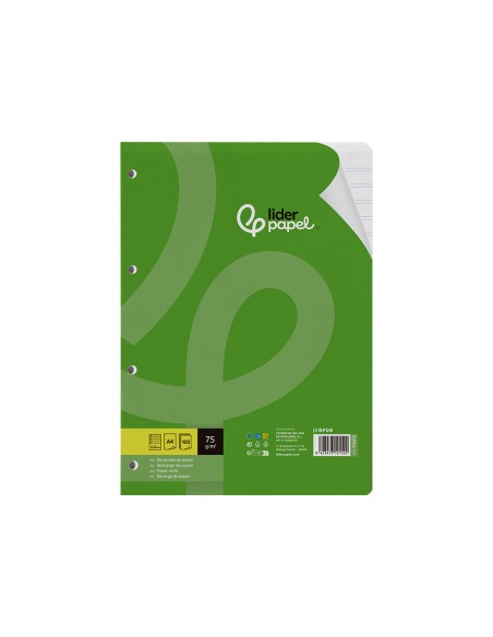 Recambio liderpapel din a4 100 hojas 75 gr pauta 5 25mm con margen 4 taladros