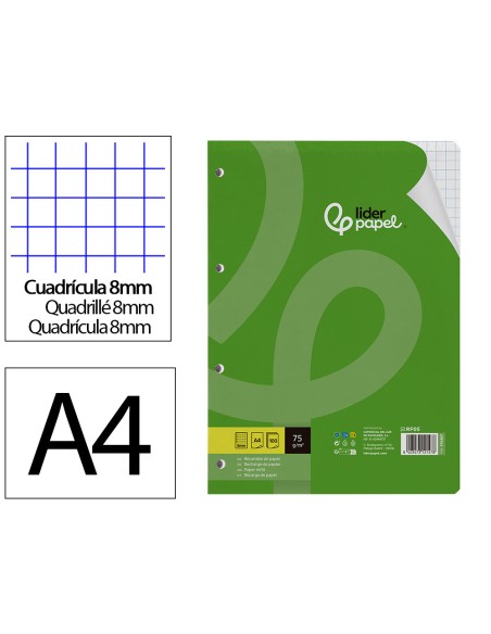Recambio liderpapel din a4 100 hojas 75 gr cuadro 8 mm con margen 4 taladros