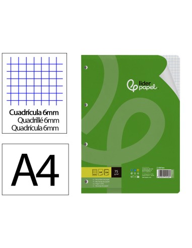 Recambio liderpapel din a4 100 hojas 75 gr cuadro 6 mm 4 taladros con margen