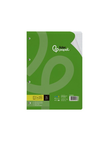 Recambio liderpapel din a4 100 hojas 75 gr cuadro 6 mm 4 taladros con margen