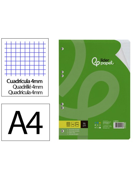 Recambio liderpapel din a4 100 hojas 75 gr cuadro 4 mm con margen 16 taladros