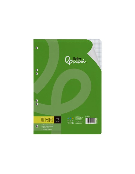 Recambio liderpapel din a4 100 hojas 75 gr cuadro 4 mm con margen 16 taladros