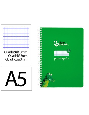 Cuaderno espiral liderpapel di n a5 pautaguia tapa blanda 40h 75 gr cuadro pautado 3mm color verde