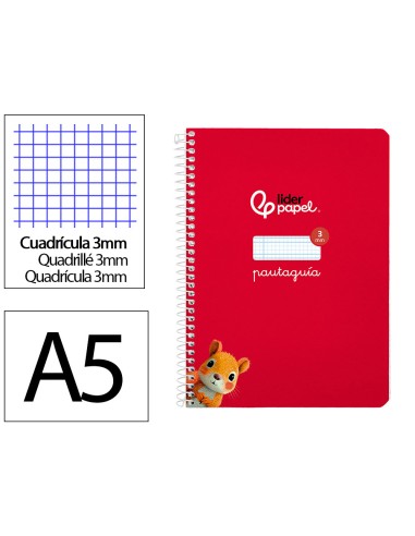 Cuaderno espiral liderpapel di n a5 pautaguia tapa blanda 40h 75 gr cuadro pautado 3mm color rojo