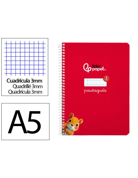 Cuaderno espiral liderpapel di n a5 pautaguia tapa blanda 40h 75 gr cuadro pautado 3mm color rojo