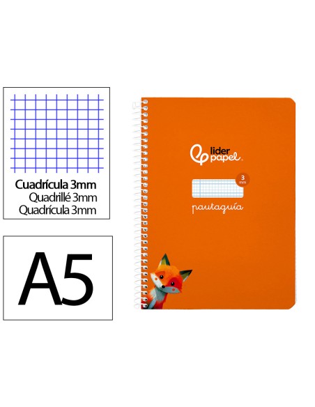 Cuaderno espiral liderpapel di n a5 pautaguia tapa blanda 40h 75 gr cuadro pautado 3mm color naranja