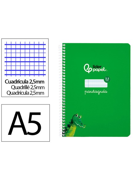 Cuaderno espiral liderpapel di n a5 pautaguia tapa blanda 40h 75 gr cuadro pautado 25mm color verde