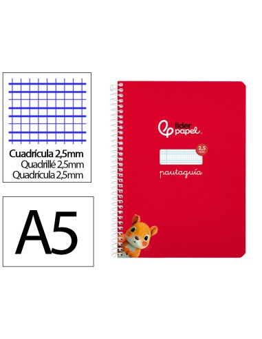 Cuaderno espiral liderpapel di n a5 pautaguia tapa blanda 40h 75 gr cuadro pautado 25mm color rojo