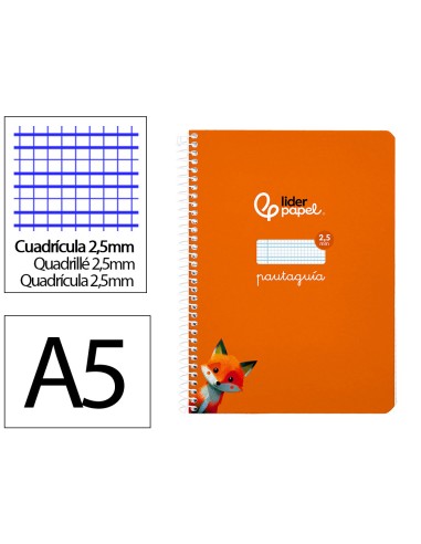 Cuaderno espiral liderpapel di n a5 pautaguia tapa blanda 40h 75 gr cuadro pautado 25mm color naranja