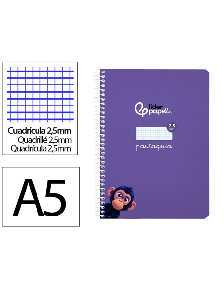 Cuaderno espiral liderpapel di n a5 pautaguia tapa blanda 40h 75 gr cuadro pautado 25mm color lila