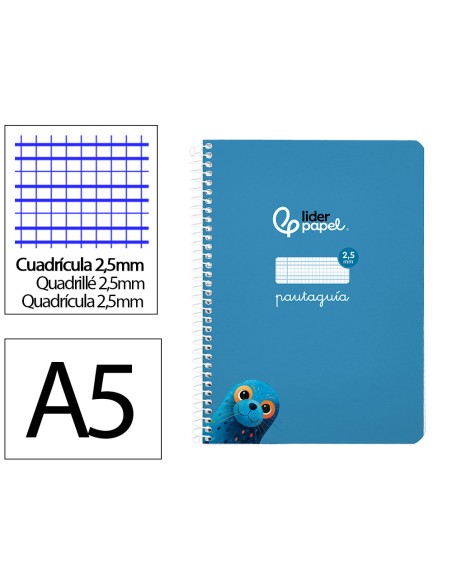 Cuaderno espiral liderpapel di n a5 pautaguia tapa blanda 40h 75 gr cuadro pautado 25mm color azul