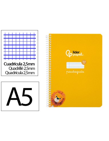 Cuaderno espiral liderpapel di n a5 pautaguia tapa blanda 40h 75 gr cuadro pautado 25mm color amarillo